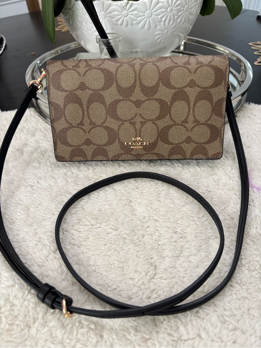 Coach Foldover Crossbody Small Clutch with Black Strap